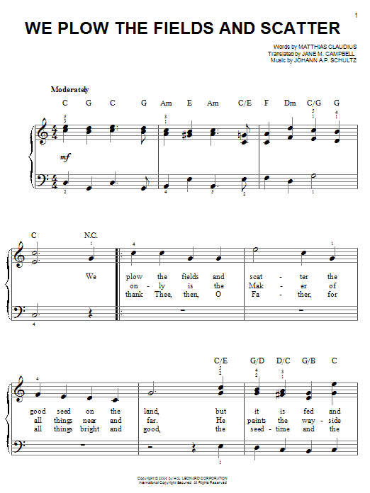 Matthias Claudius We Plow The Fields And Scatter Sheet Music Notes & Chords for Easy Piano - Download or Print PDF