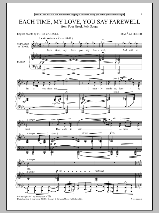 Mátyás Seiber Each Time, My Love, You Say Farewell (from Four Greek Folk Songs) Sheet Music Notes & Chords for Piano - Download or Print PDF