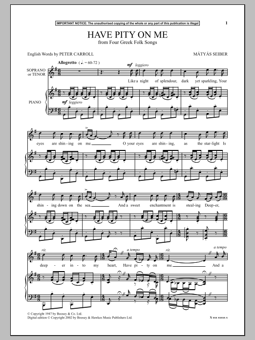 Mátyás Seiber Have Pity On Me (from Four Greek Folk Songs) Sheet Music Notes & Chords for Piano - Download or Print PDF