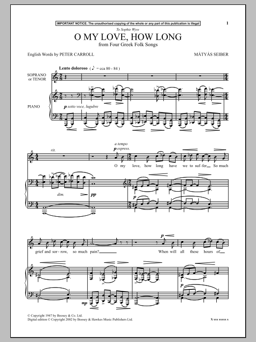 Mátyás Seiber O My Love, How Long (from Four Greek Folk Songs) Sheet Music Notes & Chords for Piano - Download or Print PDF