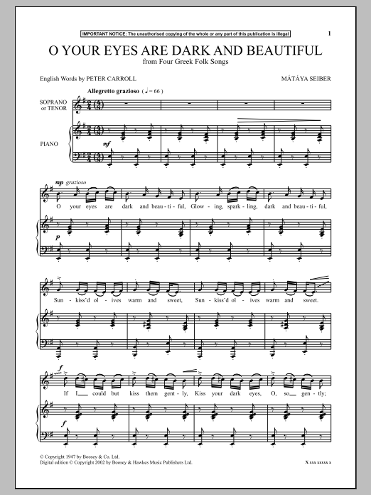 Mátyás Seiber O Your Eyes Are Dark And Beautiful (from Four Greek Folk Songs) Sheet Music Notes & Chords for Piano - Download or Print PDF