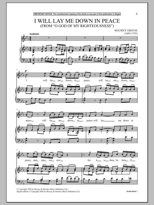 Maurice Greene I Will Lay Me Down In Peace (from O God Of My Righteousness) Sheet Music Notes & Chords for Piano & Vocal - Download or Print PDF