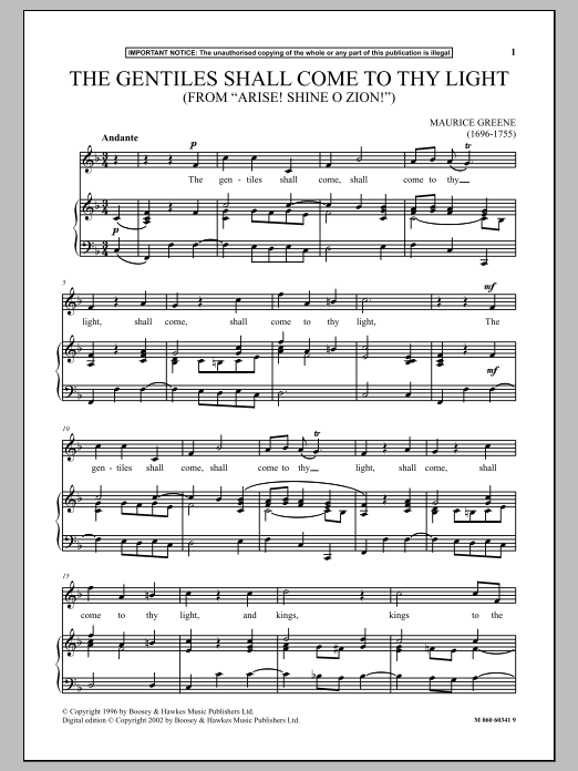 Maurice Greene The Gentiles Shall Come To Thy Light (from Arise! Shine O Zion!) Sheet Music Notes & Chords for Piano & Vocal - Download or Print PDF