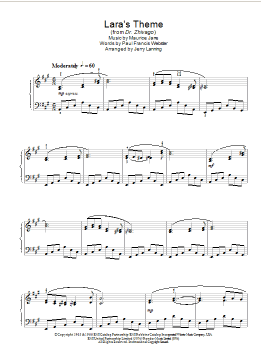 Maurice Jarre Lara's Theme (from Dr Zhivago) Sheet Music Notes & Chords for Piano - Download or Print PDF