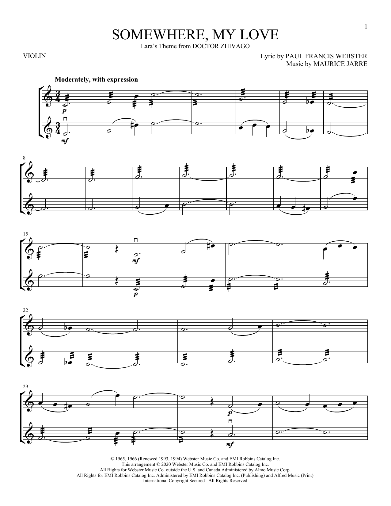 Maurice Jarre Somewhere, My Love (Lara's Theme) (from Doctor Zhivago) Sheet Music Notes & Chords for Violin Duet - Download or Print PDF
