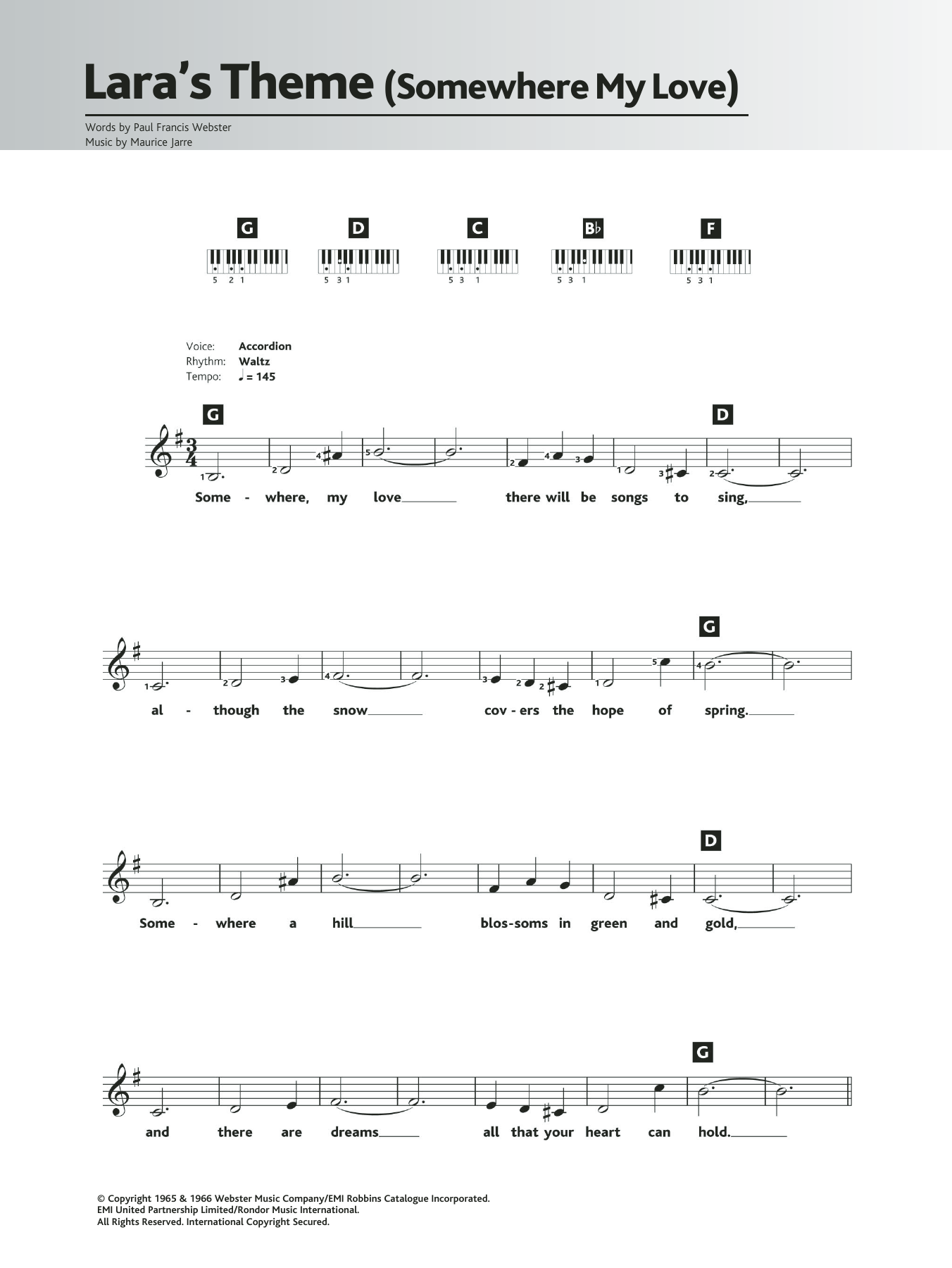 Maurice Jarre Somewhere My Love (Lara's Theme) Sheet Music Notes & Chords for Piano Chords/Lyrics - Download or Print PDF