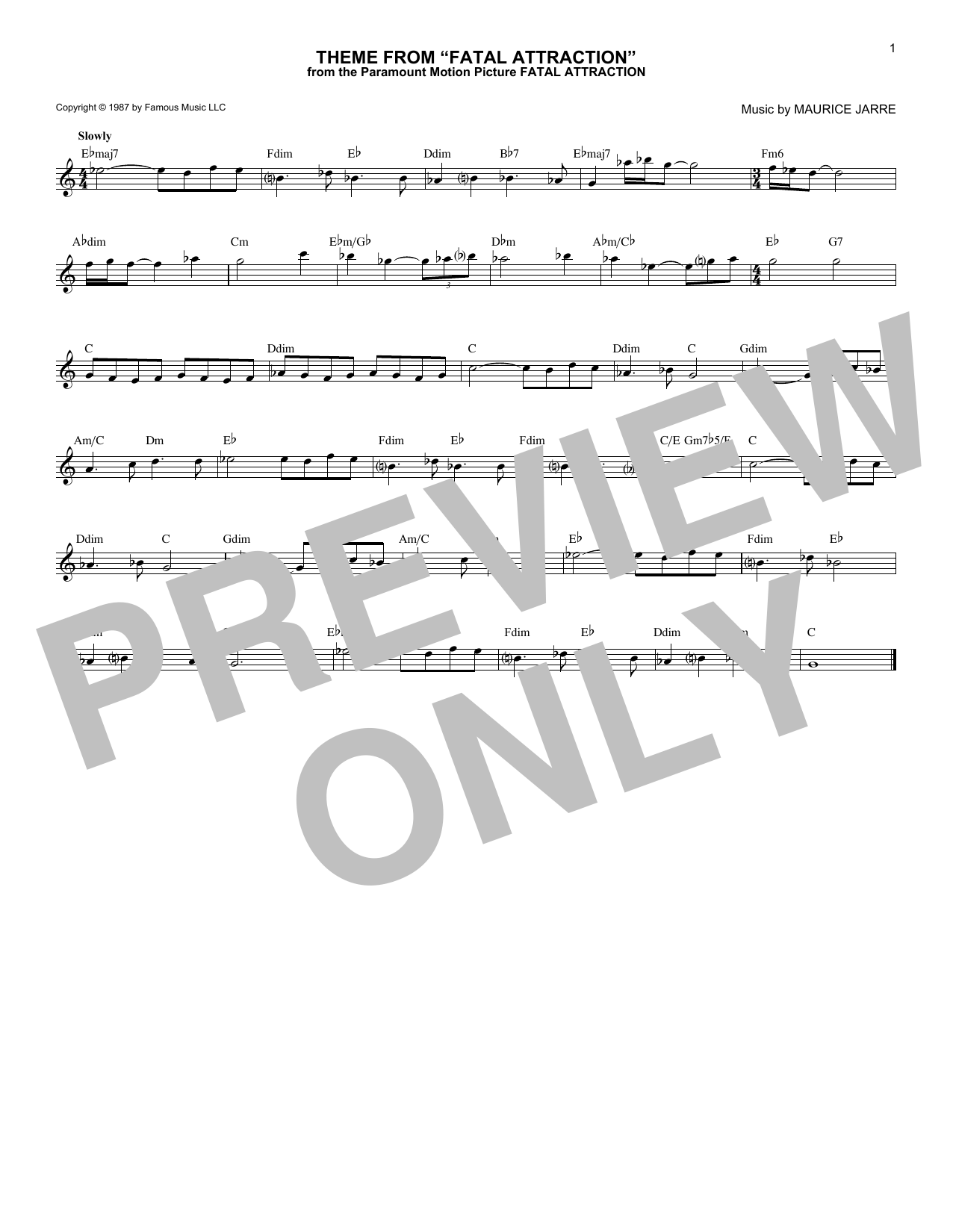 Maurice Jarre Theme From Fatal Attraction Sheet Music Notes & Chords for Piano - Download or Print PDF