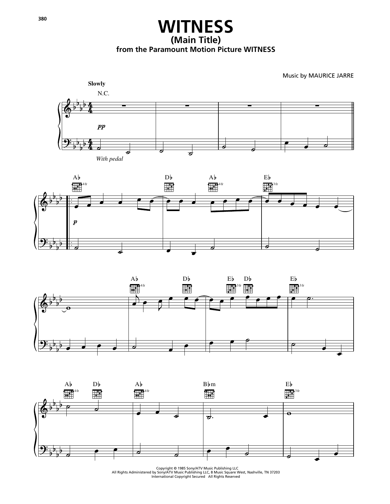 Maurice Jarre Witness (Main Title) Sheet Music Notes & Chords for Piano Solo - Download or Print PDF