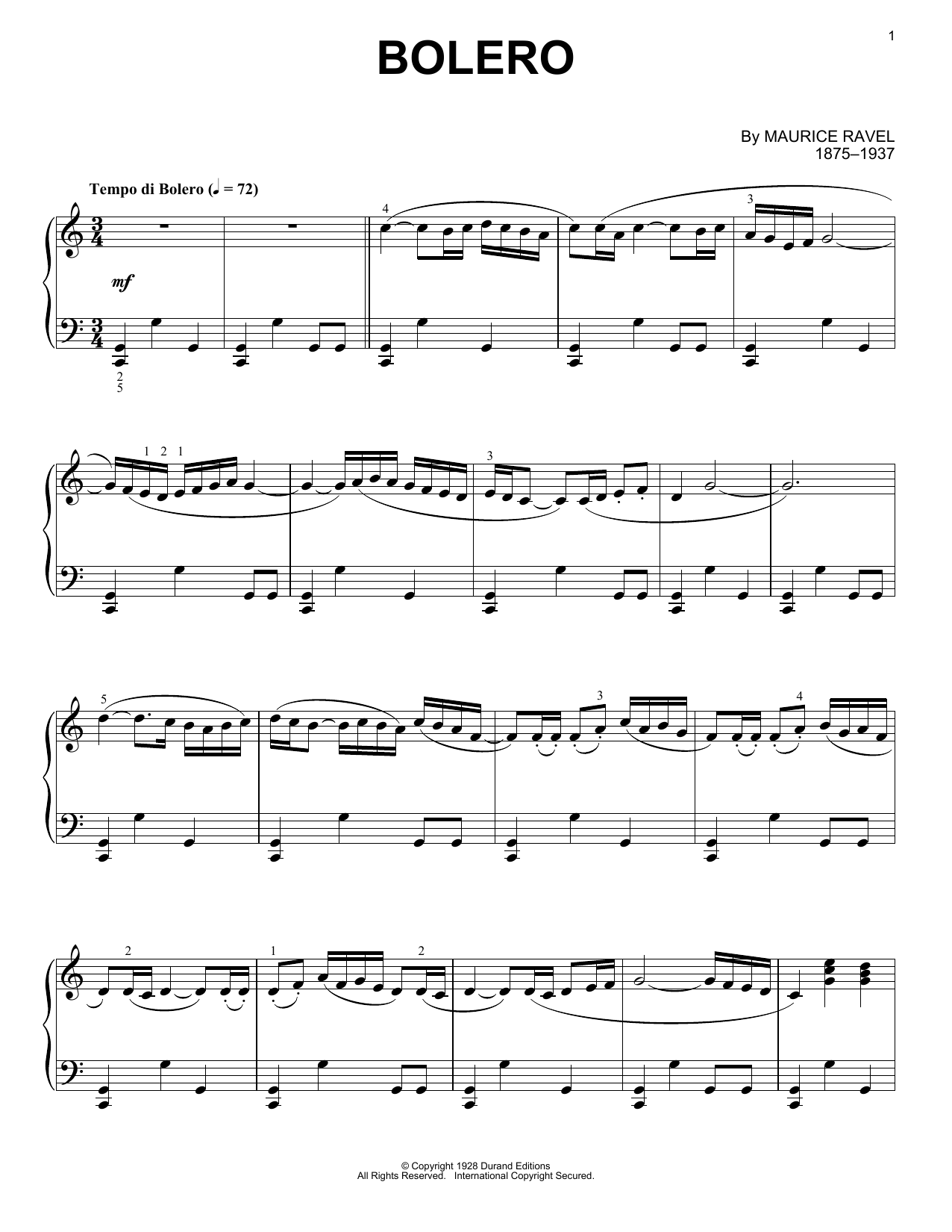 Maurice Ravel Bolero Sheet Music Notes & Chords for Piano Solo - Download or Print PDF