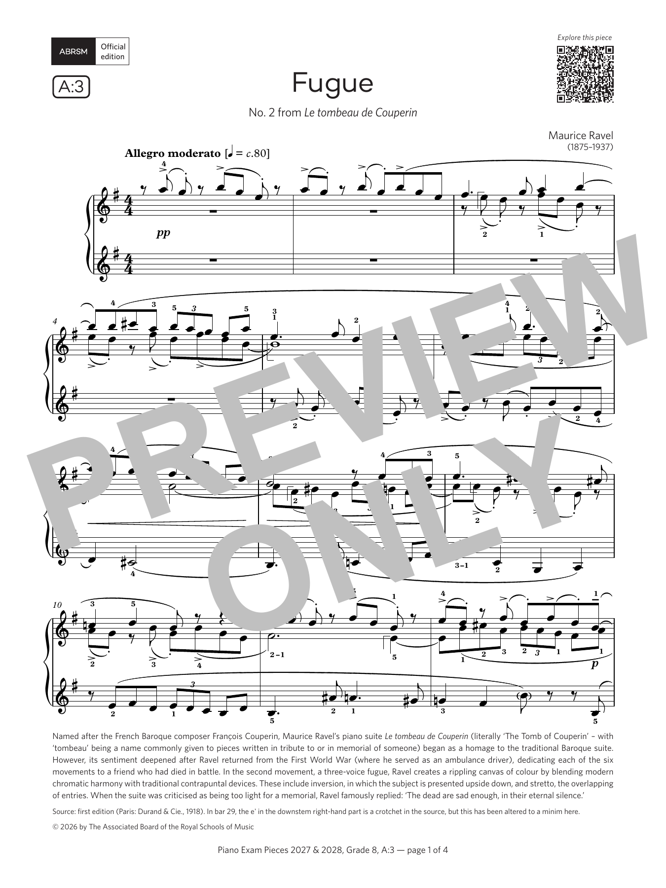 Maurice Ravel Fugue (Grade 8, list A3, from the ABRSM Piano Syllabus 2027 & 2028) Sheet Music Notes & Chords for Piano Solo - Download or Print PDF