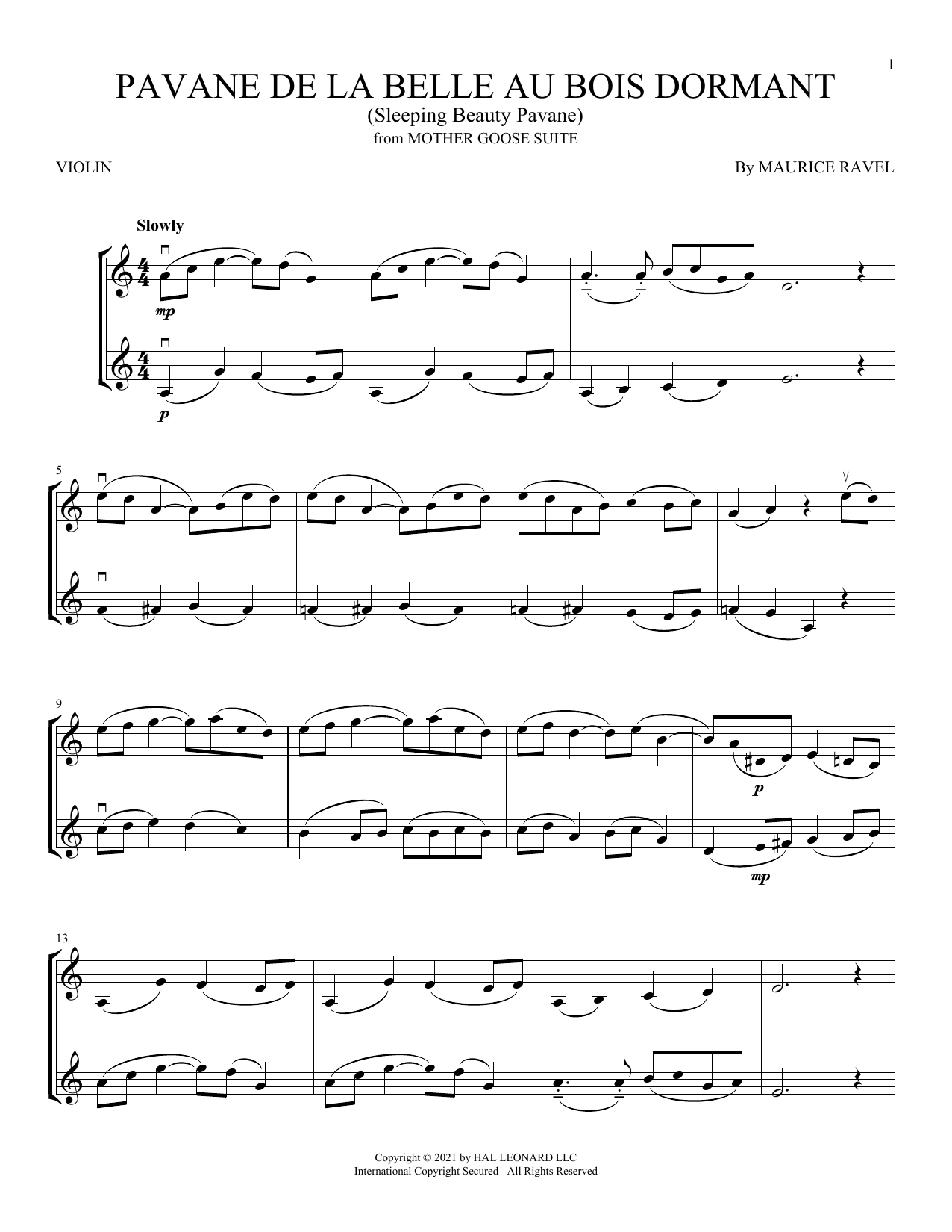 Maurice Ravel Pavane de la belle au bois dormant (Sleeping Beauty Pavane) Sheet Music Notes & Chords for Violin Duet - Download or Print PDF