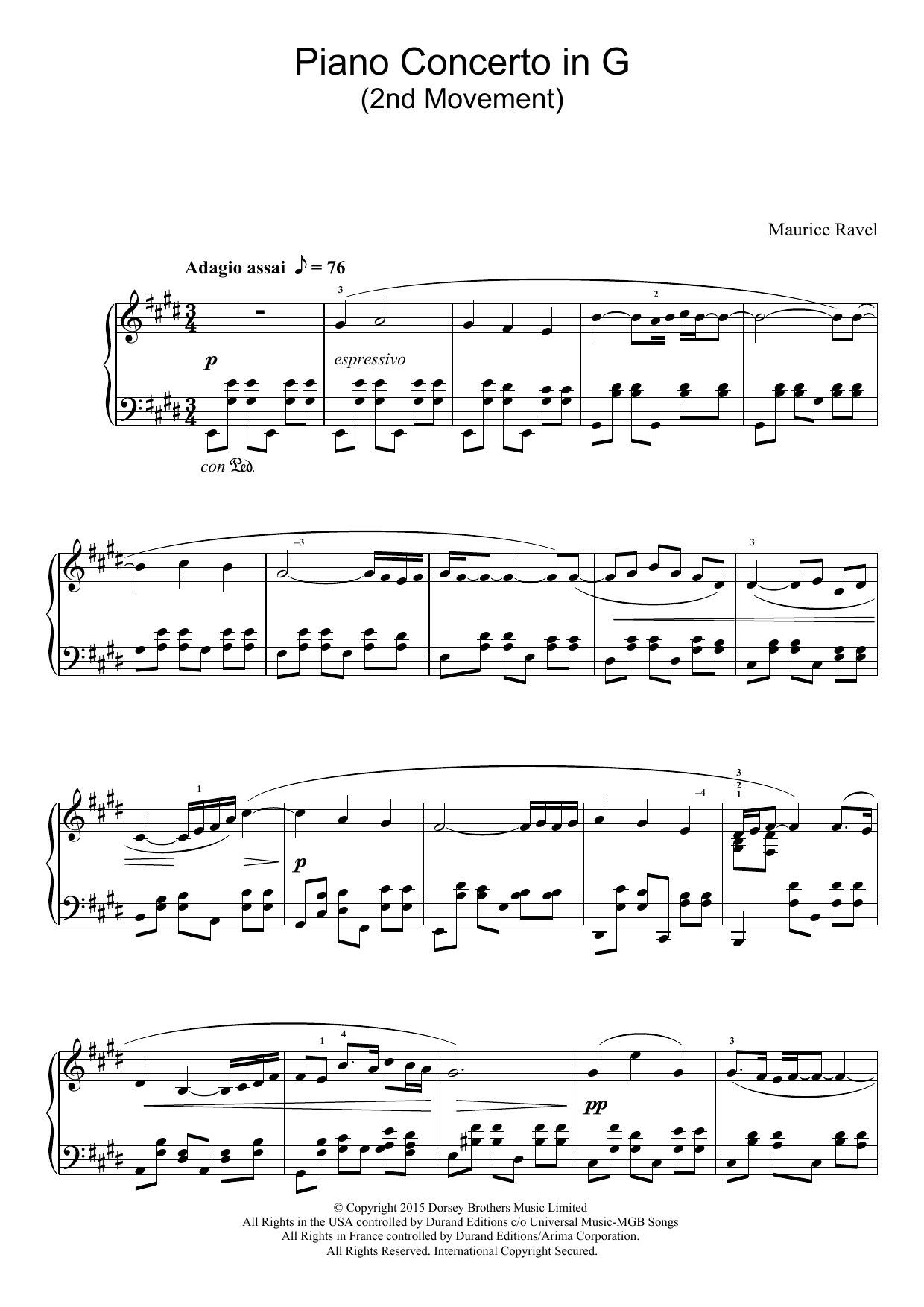 Maurice Ravel Piano Concerto In G, 2nd Movement 'Adagio Assai' (Excerpt) Sheet Music Notes & Chords for Piano - Download or Print PDF