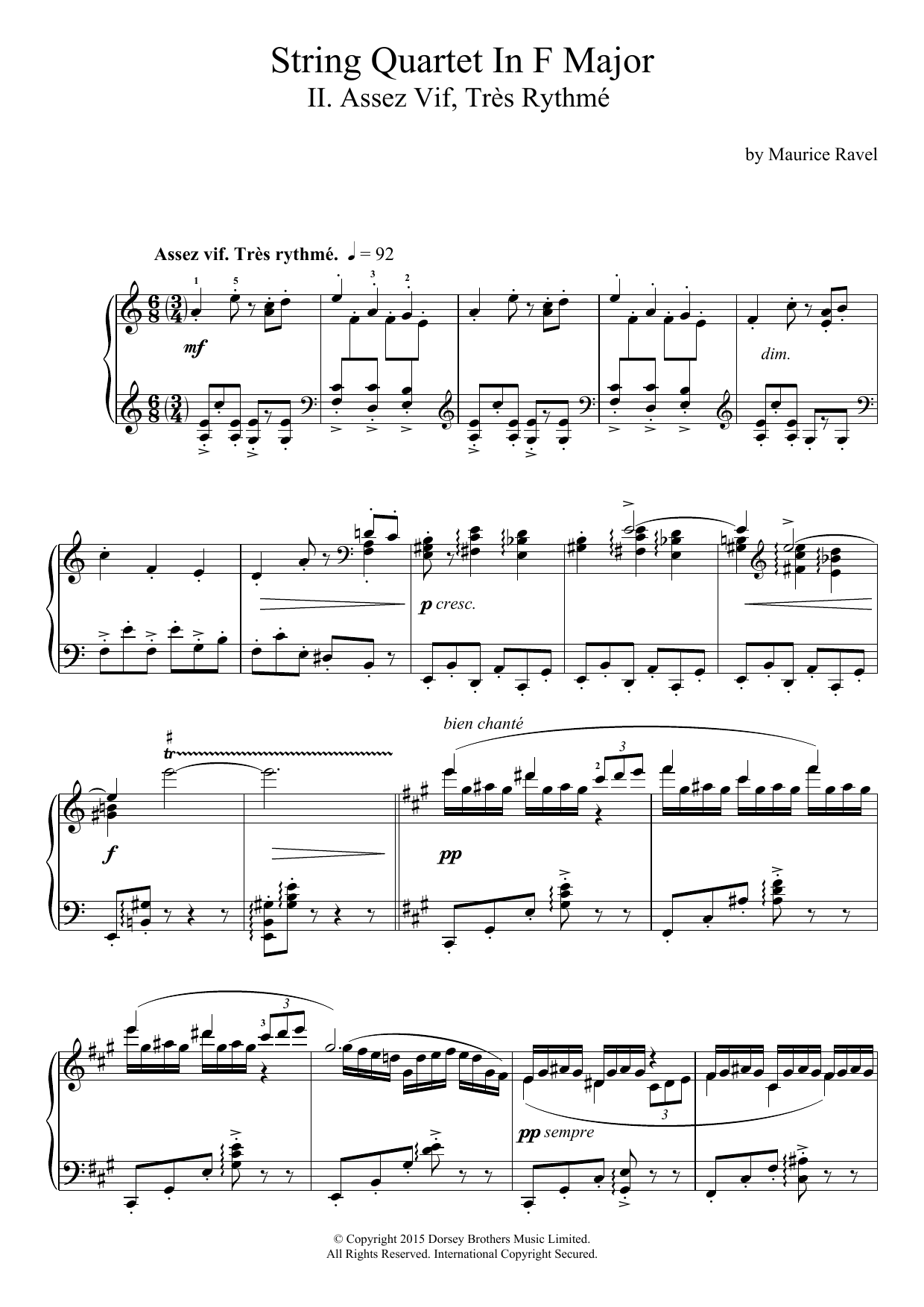 Maurice Ravel String Quartet In F Major - II. Assez Vif, Tres Rythme Sheet Music Notes & Chords for Piano - Download or Print PDF