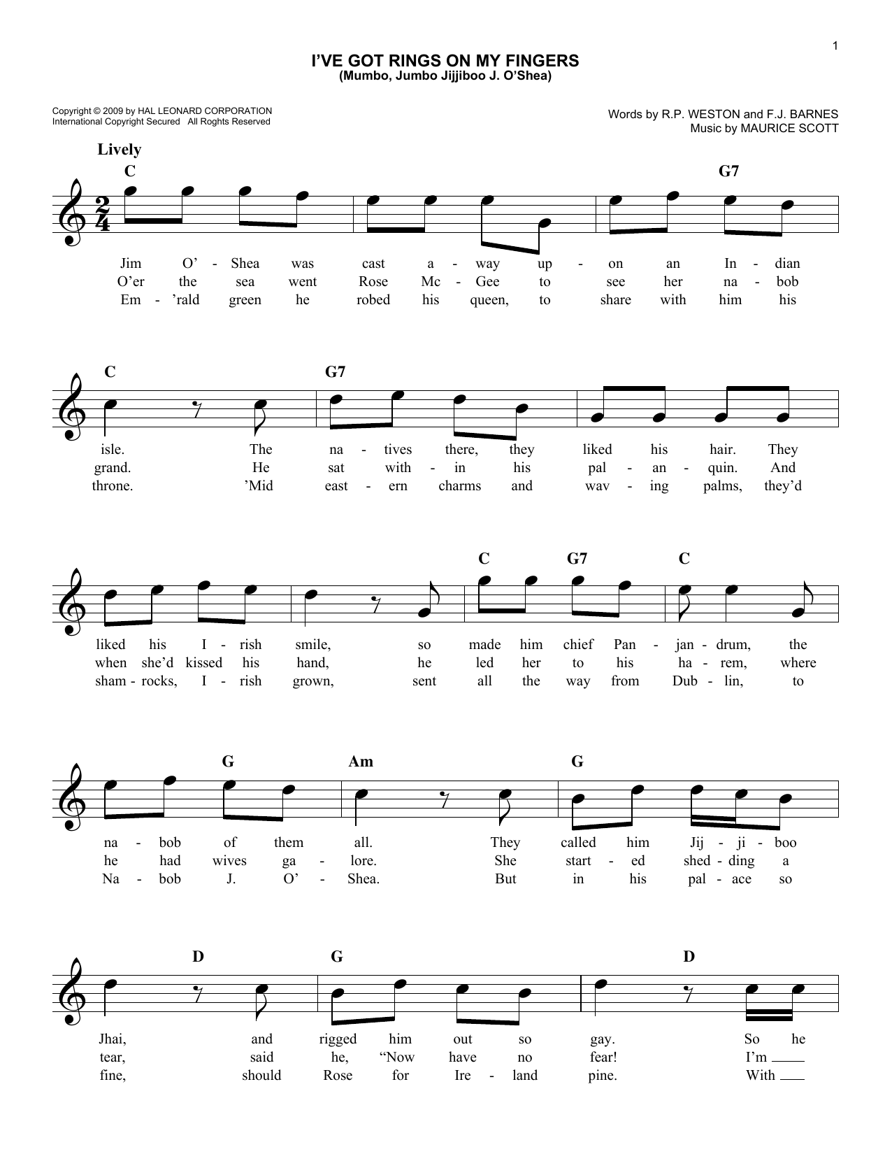 Maurice Scott I've Got Rings On My Fingers (Mumbo, Jumbo Jijjiboo J. O'Shea) Sheet Music Notes & Chords for Melody Line, Lyrics & Chords - Download or Print PDF
