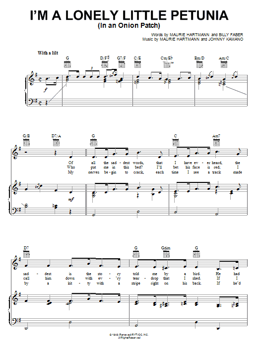 Maurie Hartmann I'm A Lonely Little Petunia (In An Onion Patch) Sheet Music Notes & Chords for Piano, Vocal & Guitar (Right-Hand Melody) - Download or Print PDF