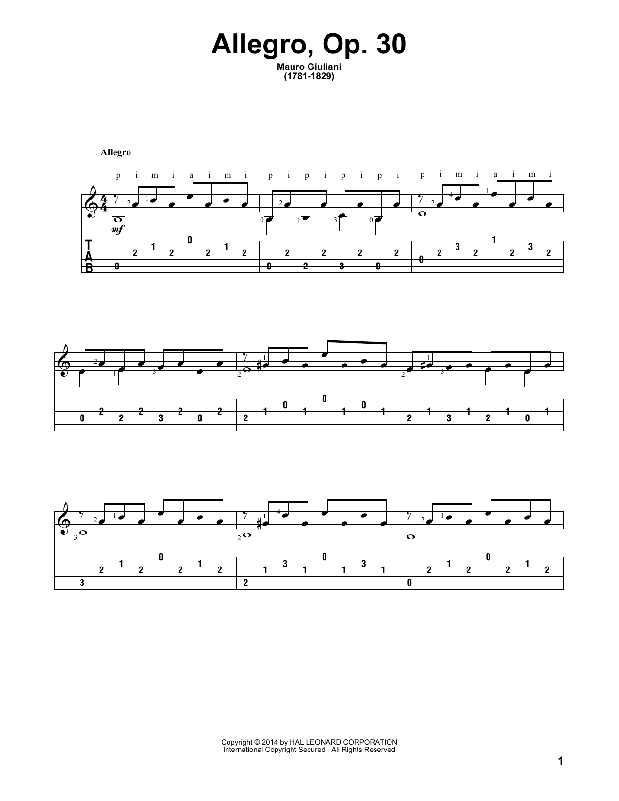 John Hill Allegro Op. 30 Sheet Music Notes & Chords for Guitar Tab - Download or Print PDF