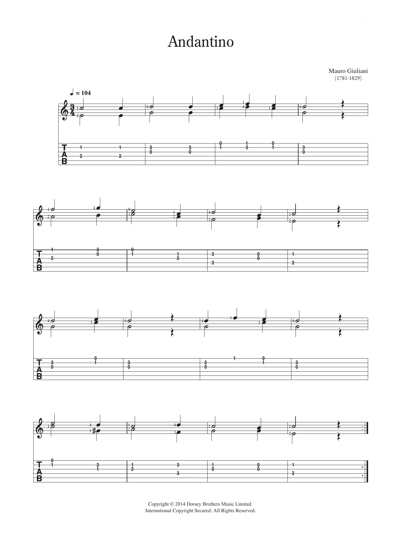 Mauro Giuliani Andantino Sheet Music Notes & Chords for Guitar - Download or Print PDF