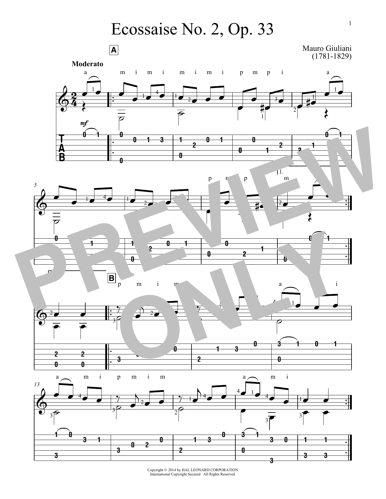 John Hill Ecossaise No. 2, Op. 33 Sheet Music Notes & Chords for Guitar Tab - Download or Print PDF