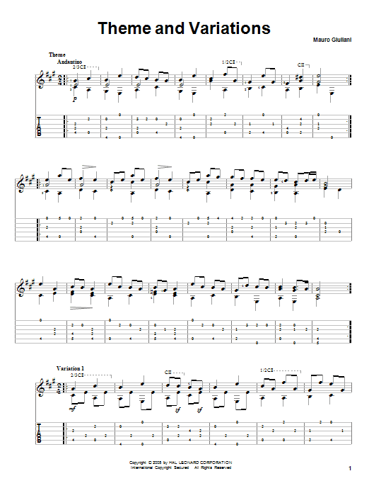 Mauro Giuliani Theme And Variations Sheet Music Notes & Chords for Guitar Tab - Download or Print PDF