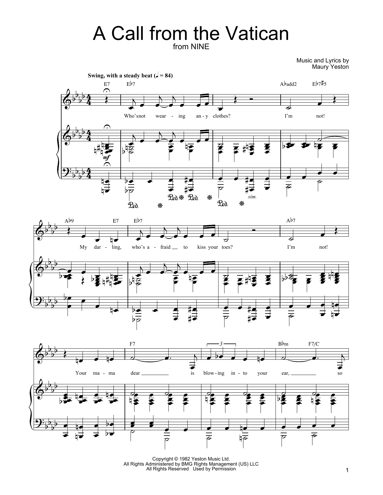 Maury Yeston A Call From The Vatican Sheet Music Notes & Chords for Piano, Vocal & Guitar (Right-Hand Melody) - Download or Print PDF