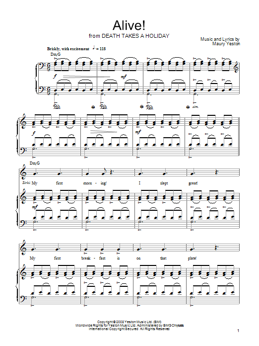 Maury Yeston Alive! Sheet Music Notes & Chords for Piano, Vocal & Guitar (Right-Hand Melody) - Download or Print PDF