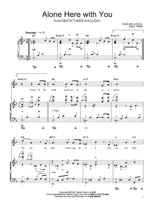 Maury Yeston Alone Here With You Sheet Music Notes & Chords for Piano, Vocal & Guitar (Right-Hand Melody) - Download or Print PDF