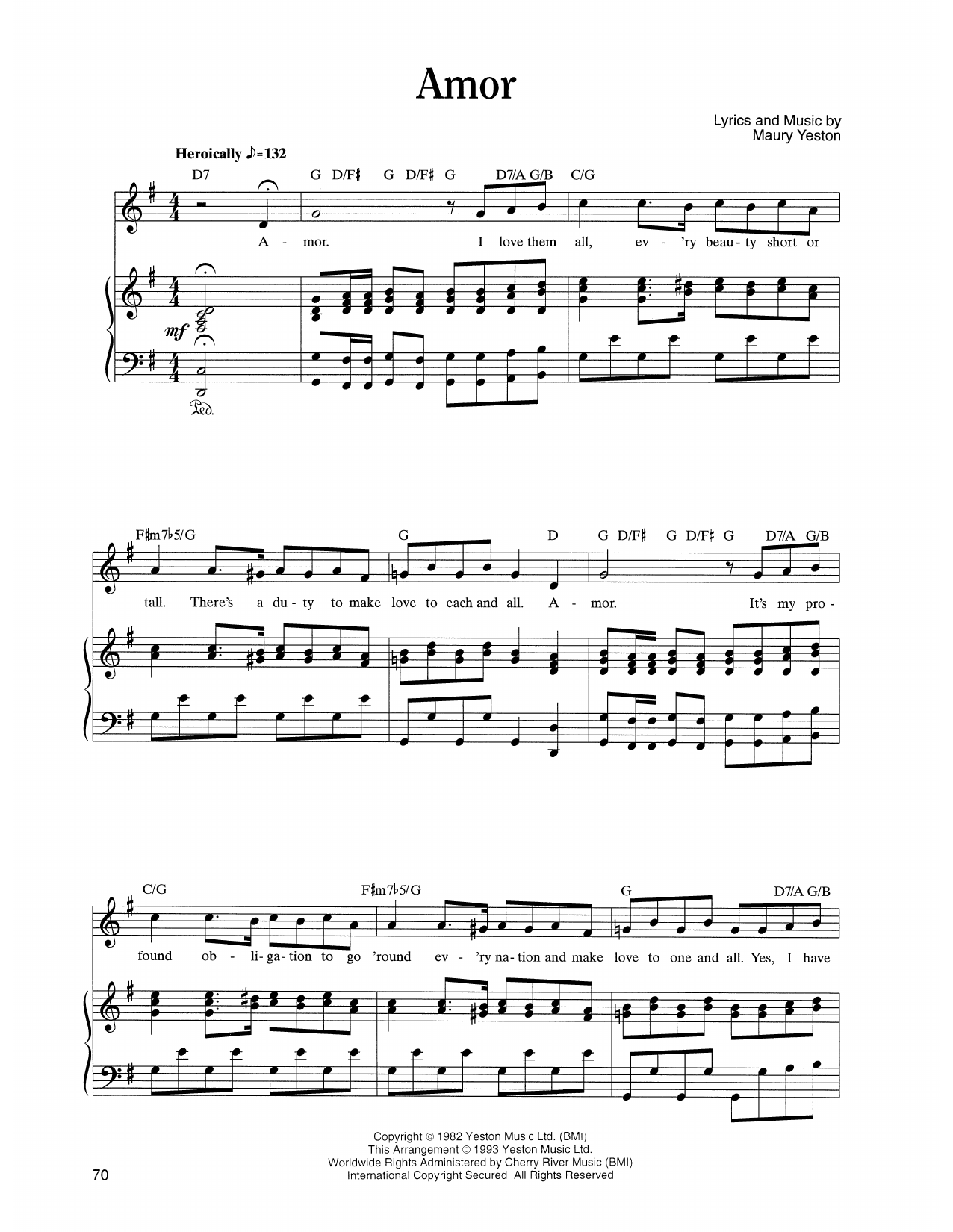 Maury Yeston Amor (from Nine) Sheet Music Notes & Chords for Piano, Vocal & Guitar Chords (Right-Hand Melody) - Download or Print PDF