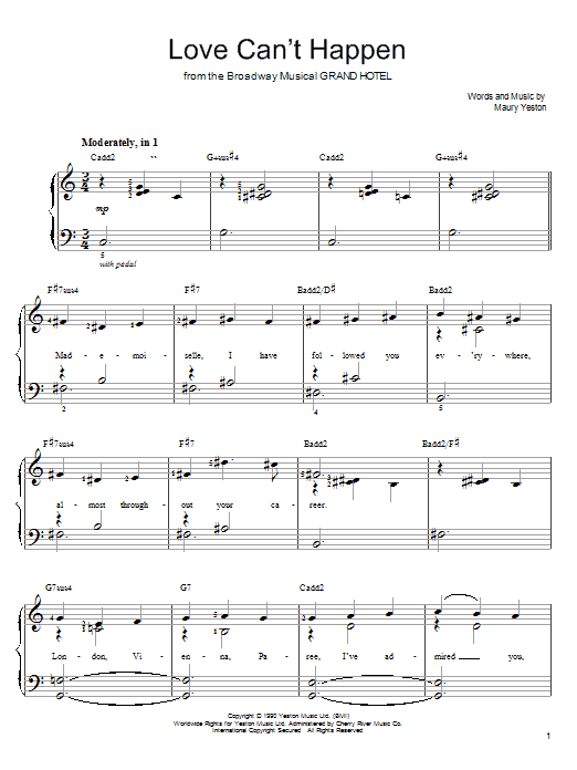 Maury Yeston Love Can't Happen (from Grand Hotel: The Musical) Sheet Music Notes & Chords for Piano, Vocal & Guitar (Right-Hand Melody) - Download or Print PDF