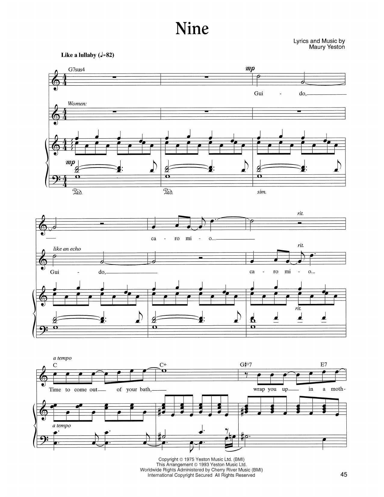 Maury Yeston Nine (from Nine) Sheet Music Notes & Chords for Piano, Vocal & Guitar Chords (Right-Hand Melody) - Download or Print PDF