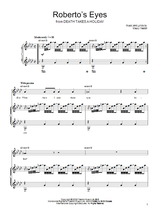 Maury Yeston Roberto's Eyes Sheet Music Notes & Chords for Piano, Vocal & Guitar (Right-Hand Melody) - Download or Print PDF