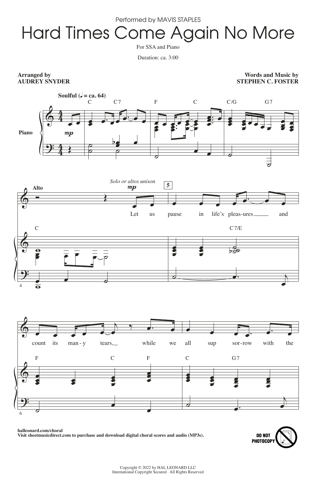 Mavis Staples Hard Times Come Again No More (arr. Audrey Snyder) Sheet Music Notes & Chords for SSA Choir - Download or Print PDF