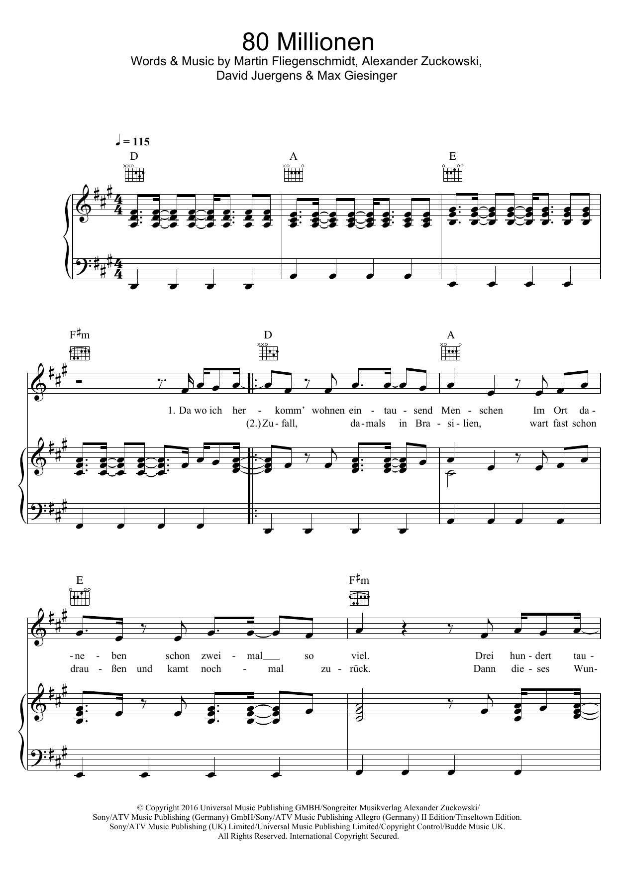 Max Giesinger 80 Millionen Sheet Music Notes & Chords for Piano, Vocal & Guitar (Right-Hand Melody) - Download or Print PDF