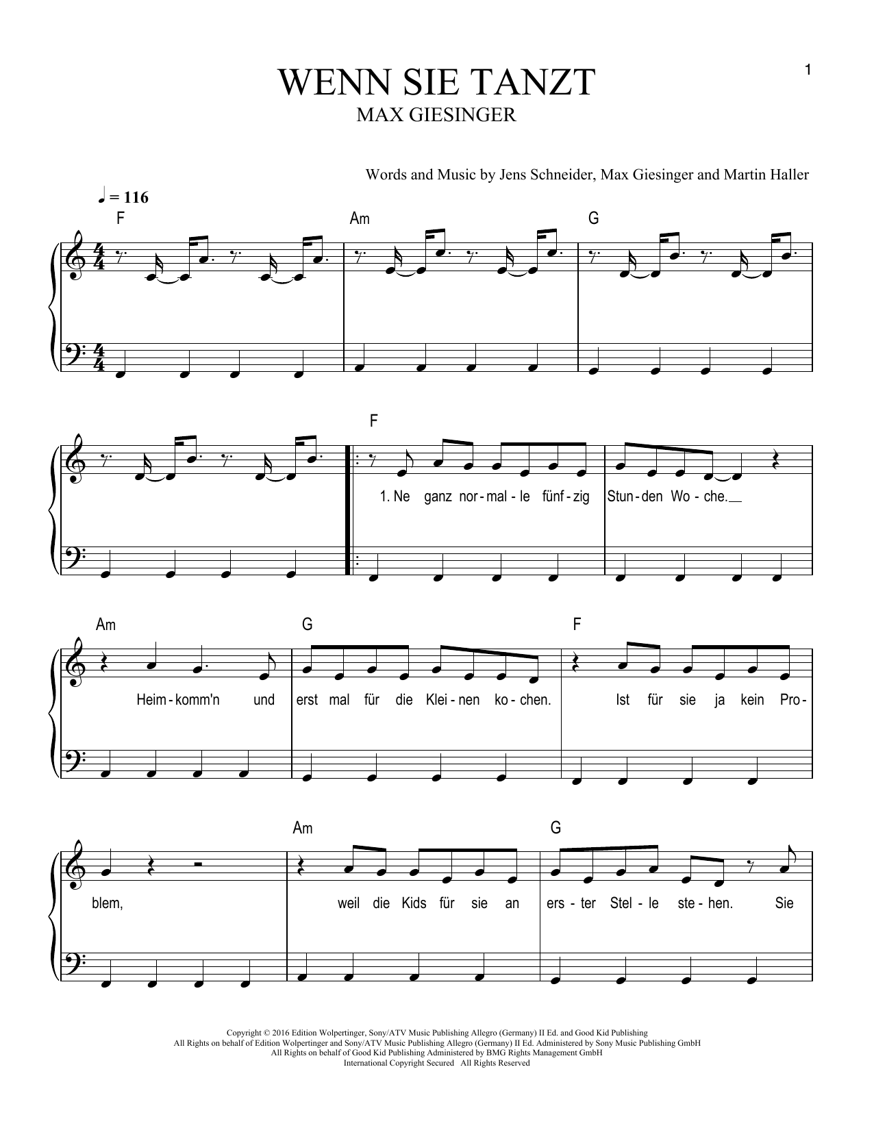 Max Giesinger Wenn Sie Tanzt Sheet Music Notes & Chords for Easy Piano - Download or Print PDF