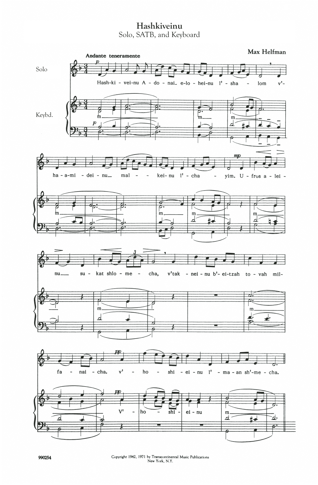 Max Helfman Hashkiveinu Sheet Music Notes & Chords for SATB Choir - Download or Print PDF