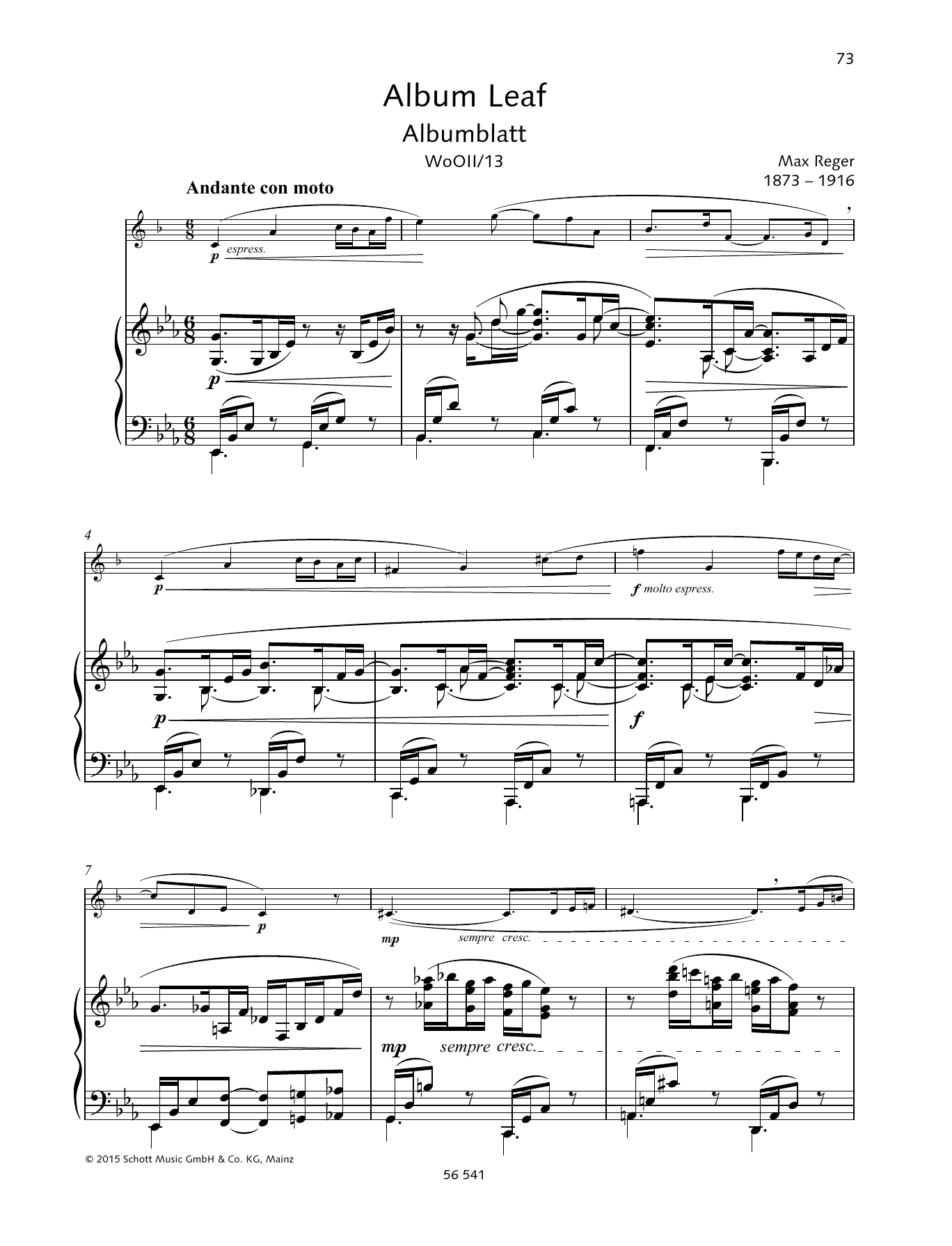 Max Reger Album Leaf Sheet Music Notes & Chords for Woodwind Solo - Download or Print PDF