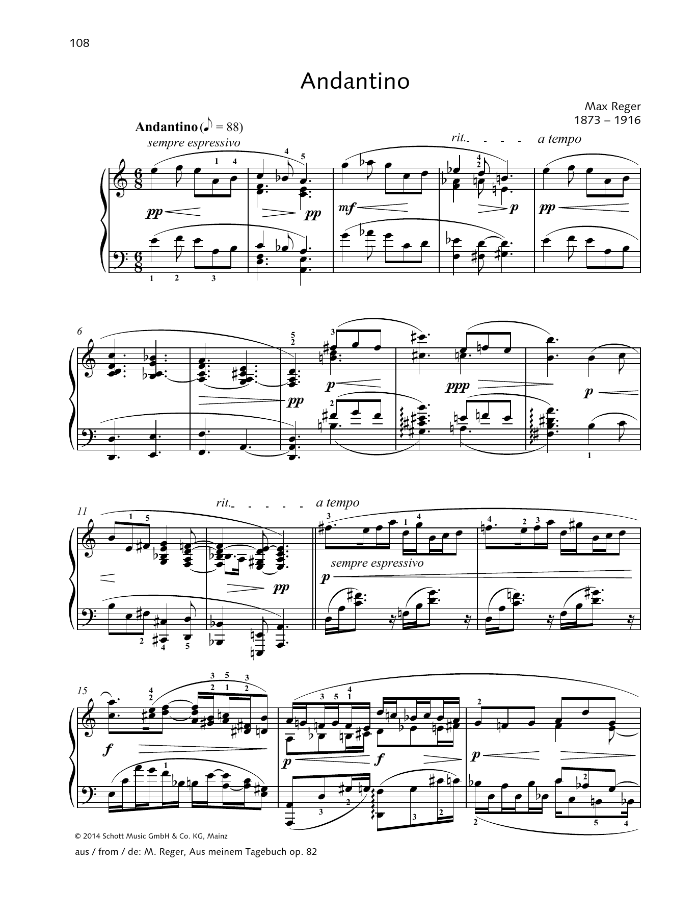 Max Reger Andantino Sheet Music Notes & Chords for Piano Solo - Download or Print PDF