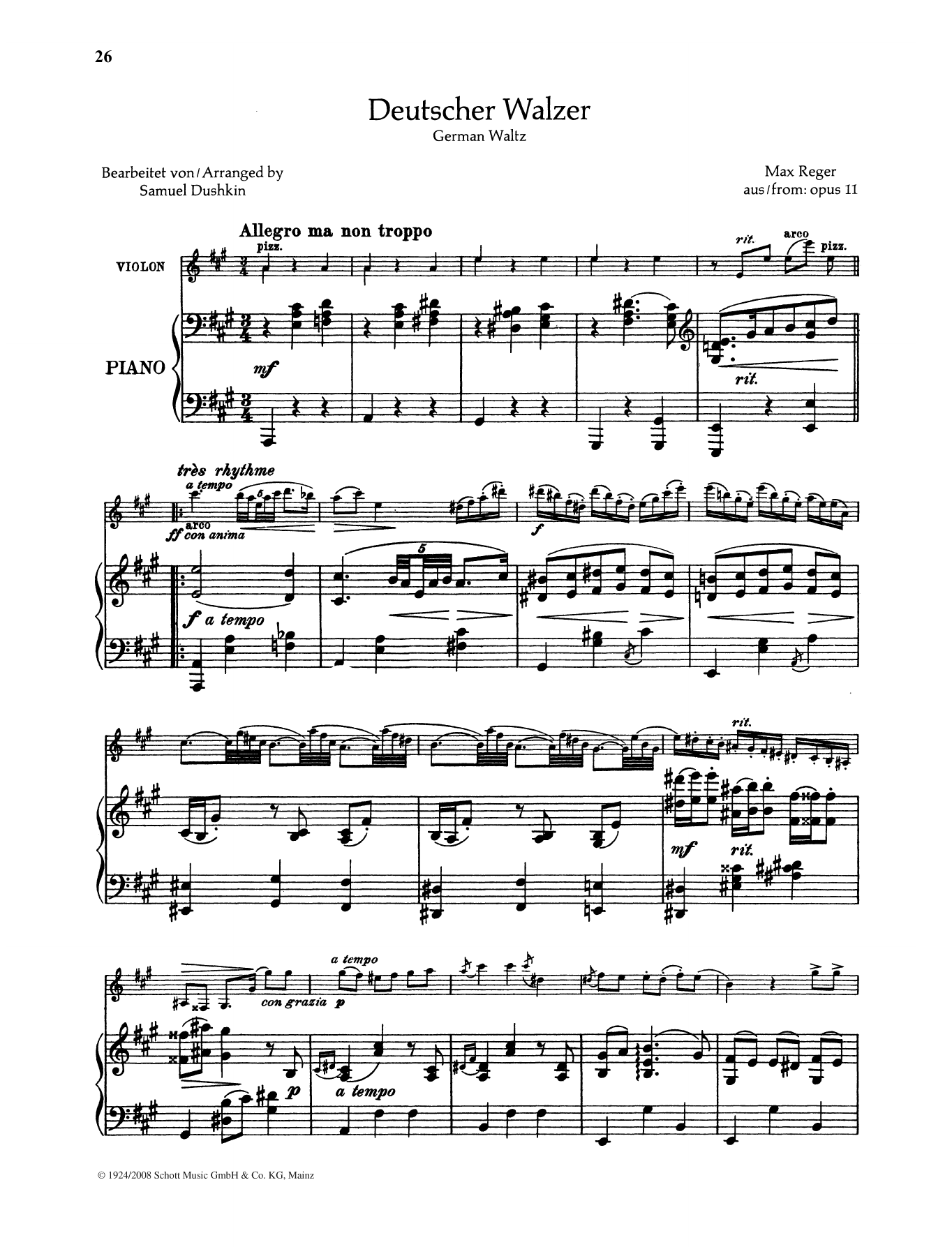 Max Reger Deutscher Walzer Sheet Music Notes & Chords for String Solo - Download or Print PDF