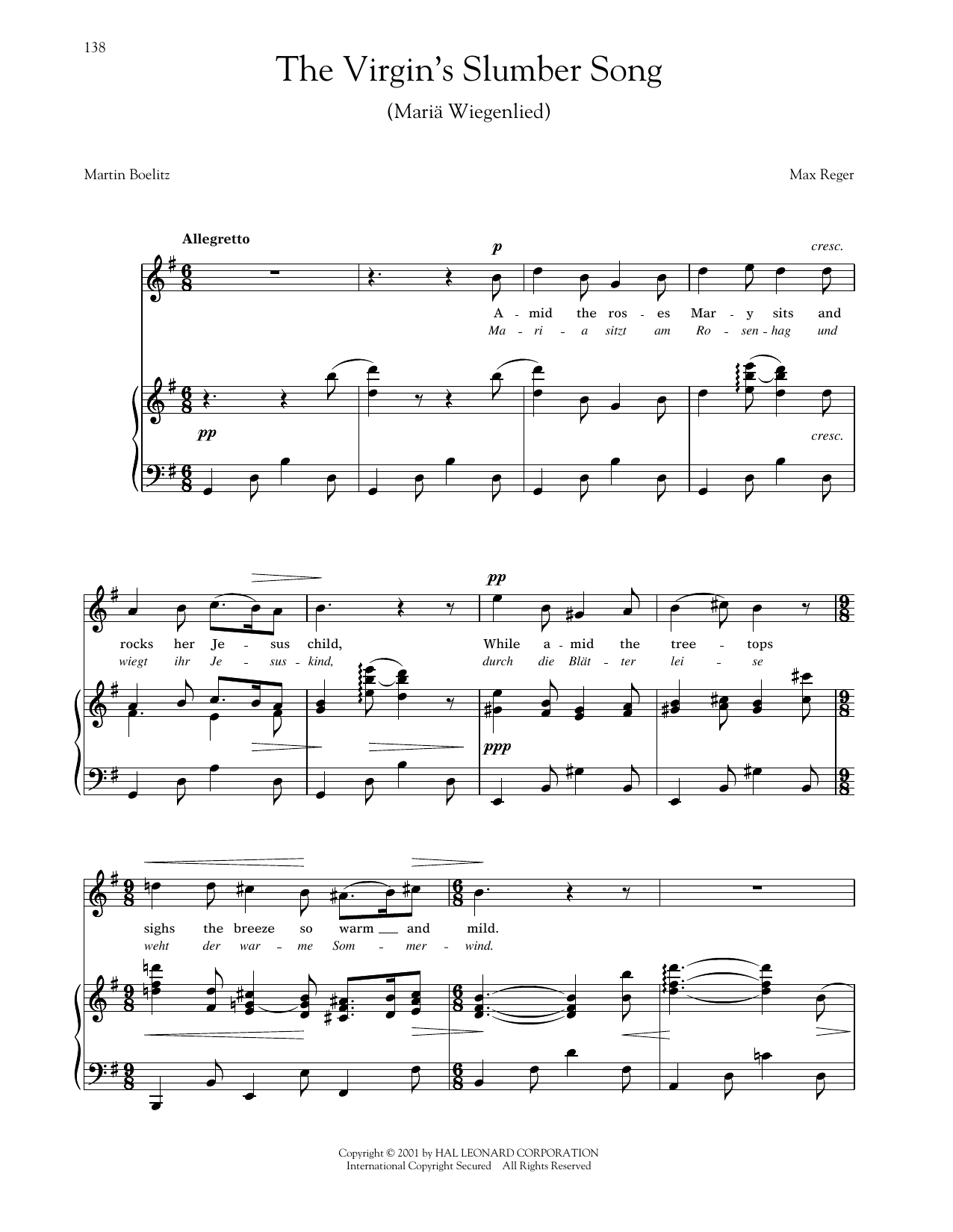 Max Reger Mariä Wiegenlied (The Virgin's Slumber Song) (Reger) Sheet Music Notes & Chords for Piano & Vocal - Download or Print PDF