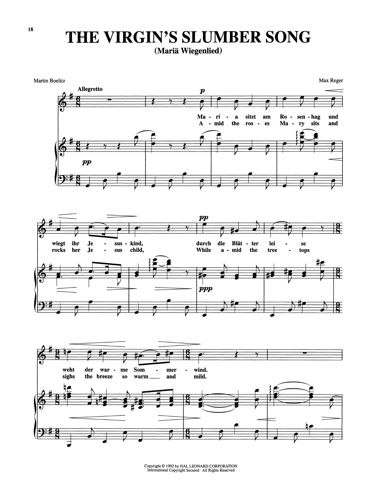 Max Reger Maria Wiegenlied (The Virgin's Slumber Song) Sheet Music Notes & Chords for Piano & Vocal - Download or Print PDF