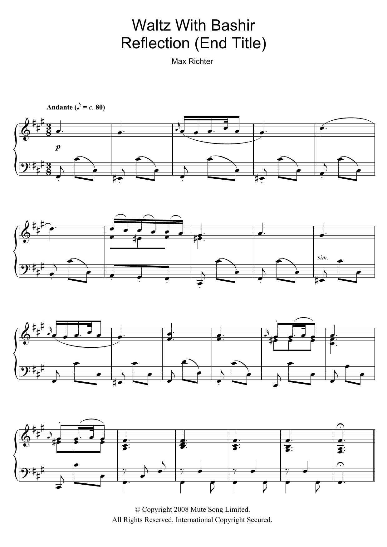 Max Richter Andante / Reflection (after Schubert D.959) (End Title from Waltz With Bashir) Sheet Music Notes & Chords for Piano Solo - Download or Print PDF