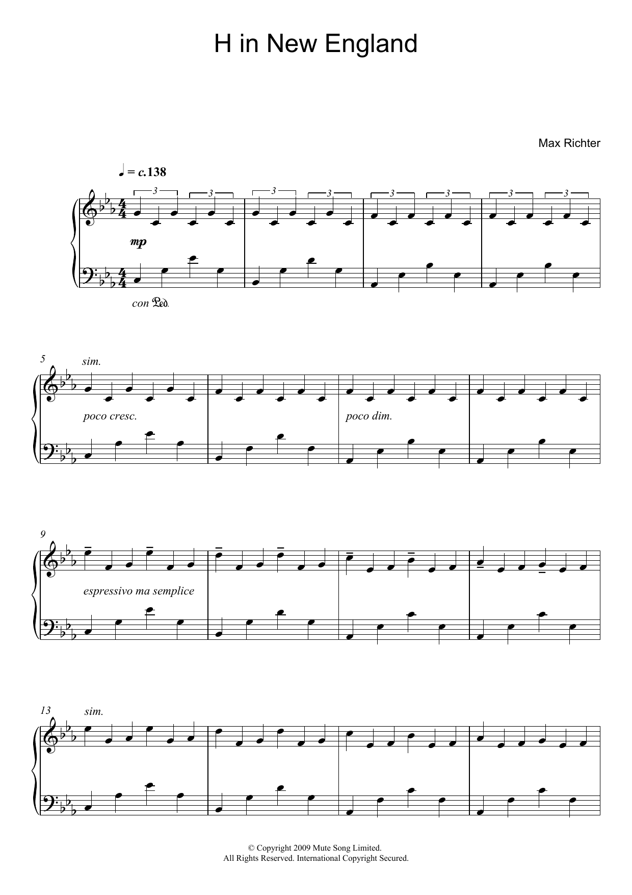 Max Richter H In New England Sheet Music Notes & Chords for Piano - Download or Print PDF