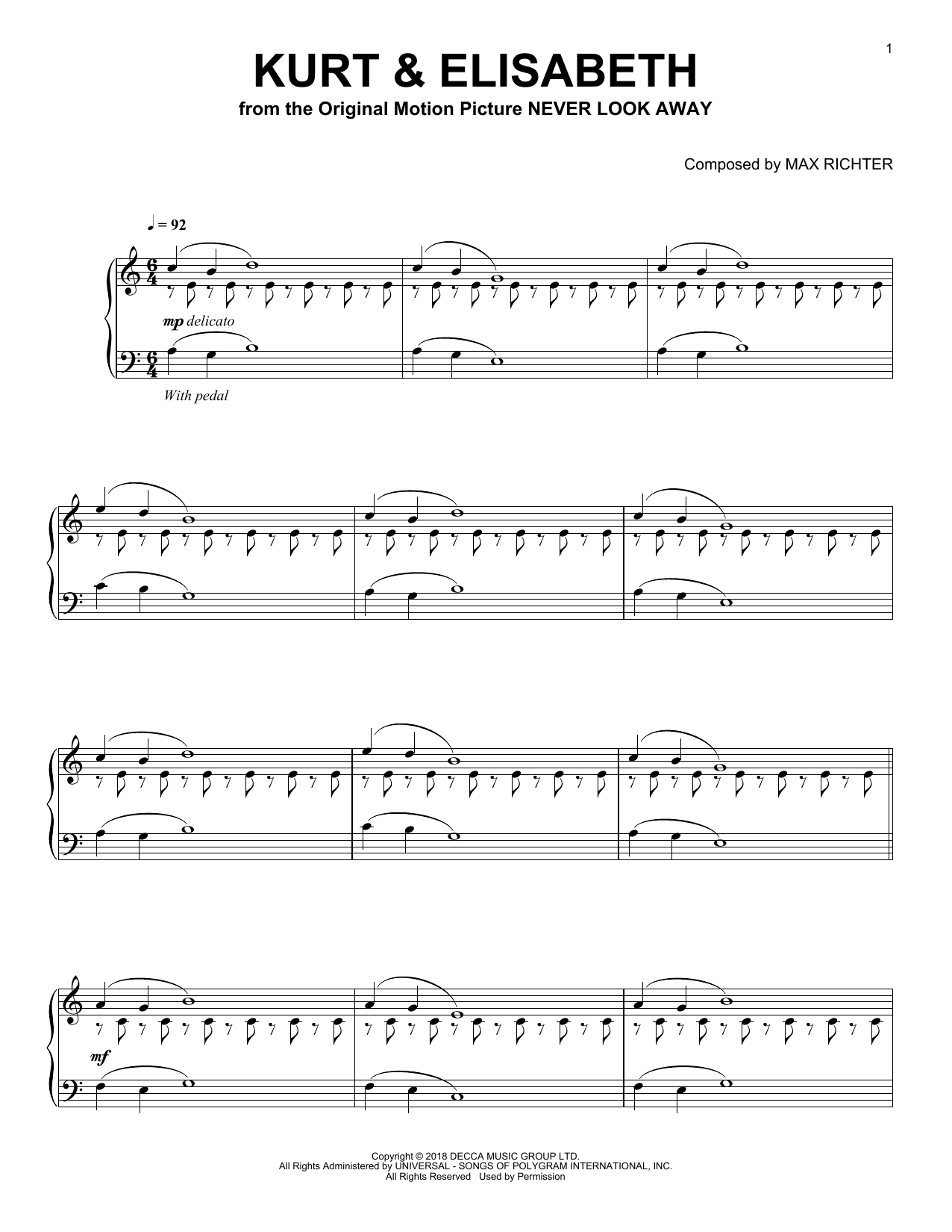 Max Richter Kurt & Elisabeth (from Never Look Away) Sheet Music Notes & Chords for Piano Solo - Download or Print PDF