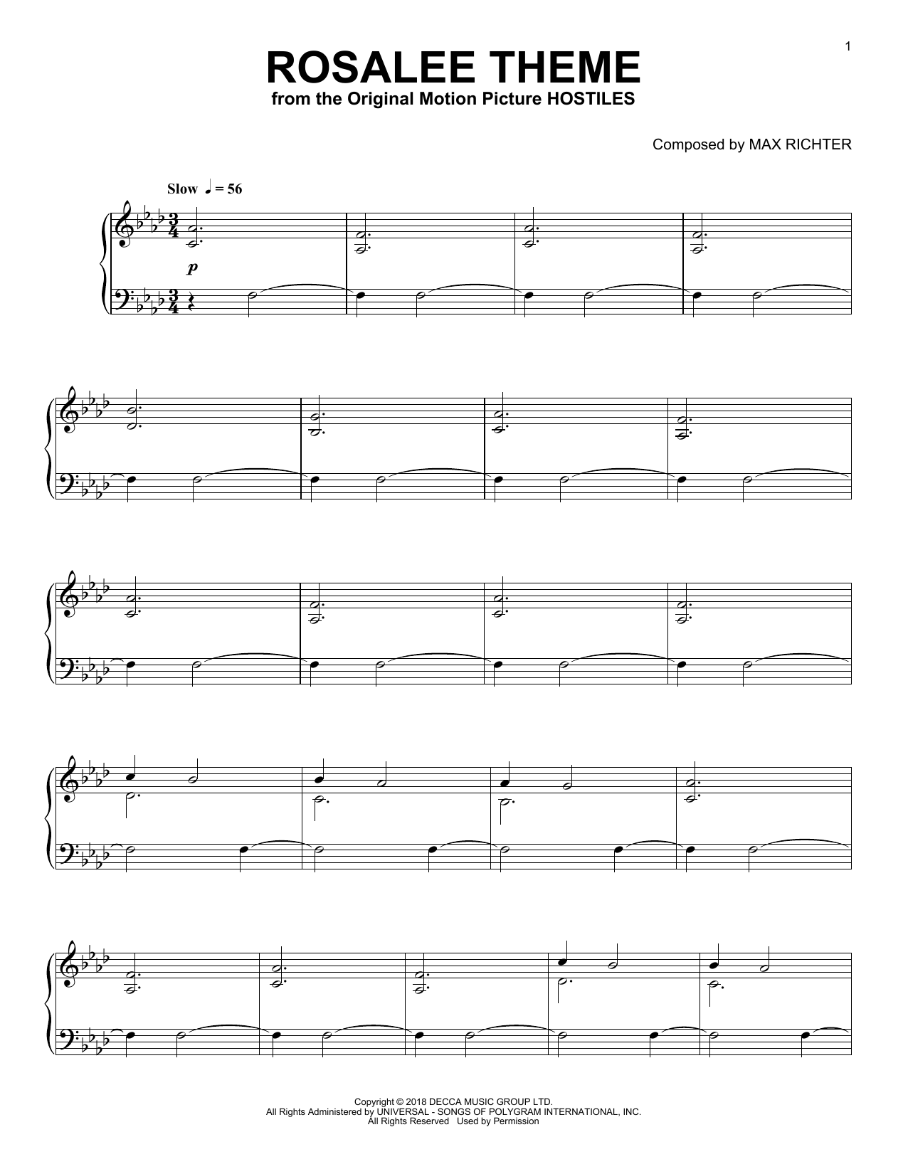 Max Richter Rosalee Theme (from Hostiles) Sheet Music Notes & Chords for Piano Solo - Download or Print PDF