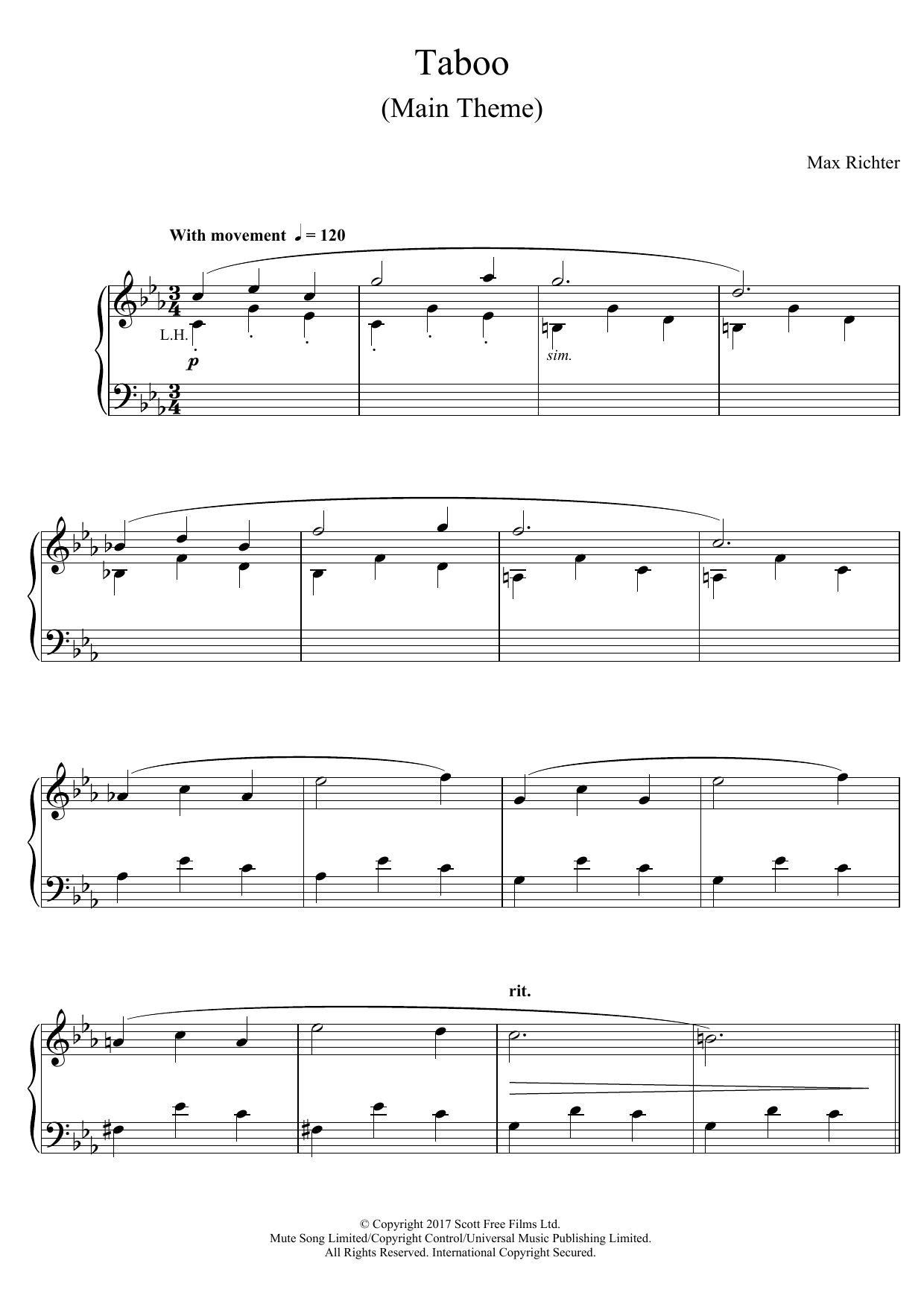 Max Richter Taboo (Main Theme) Sheet Music Notes & Chords for Piano - Download or Print PDF
