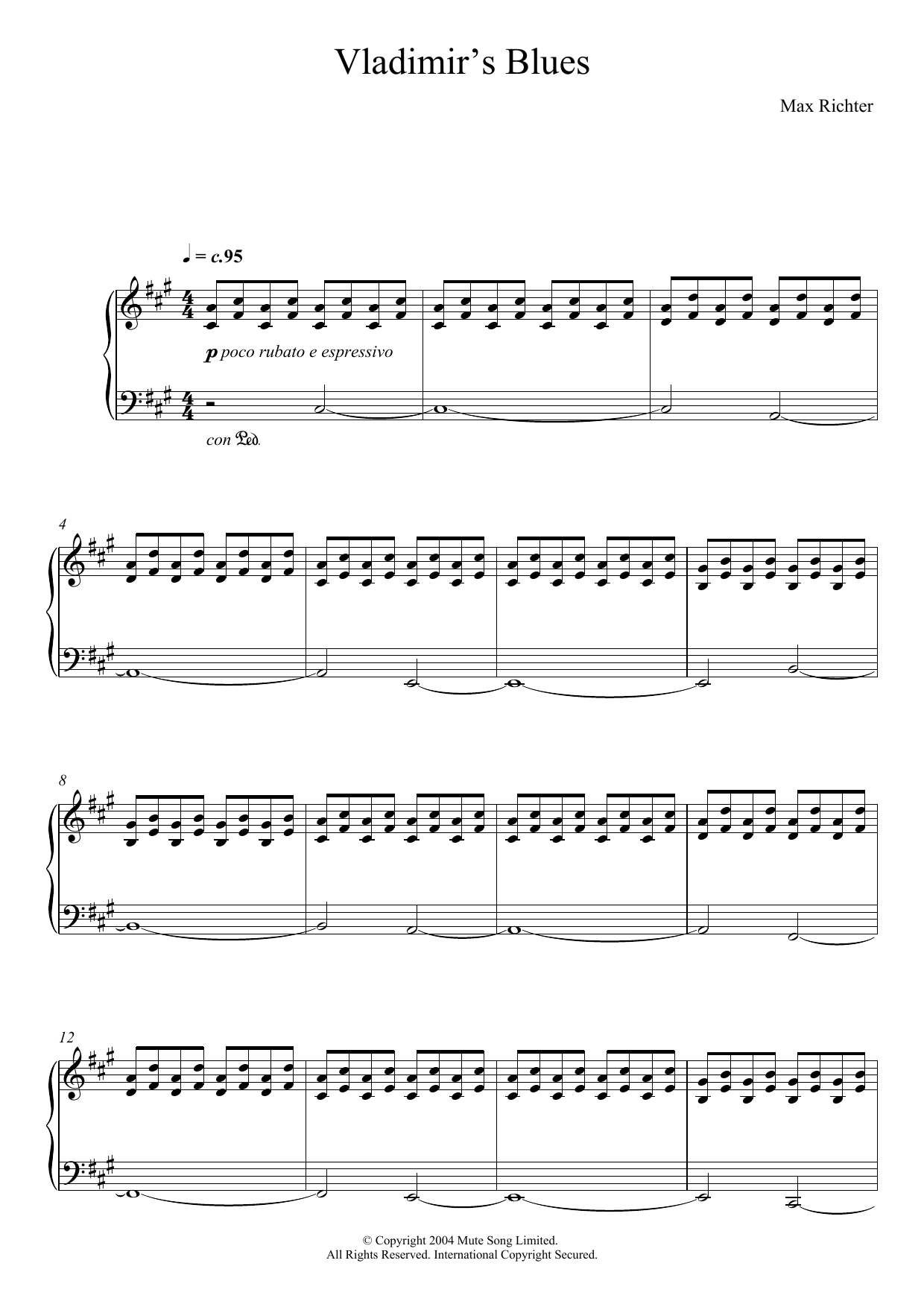 Max Richter Vladimir's Blues Sheet Music Notes & Chords for Piano - Download or Print PDF