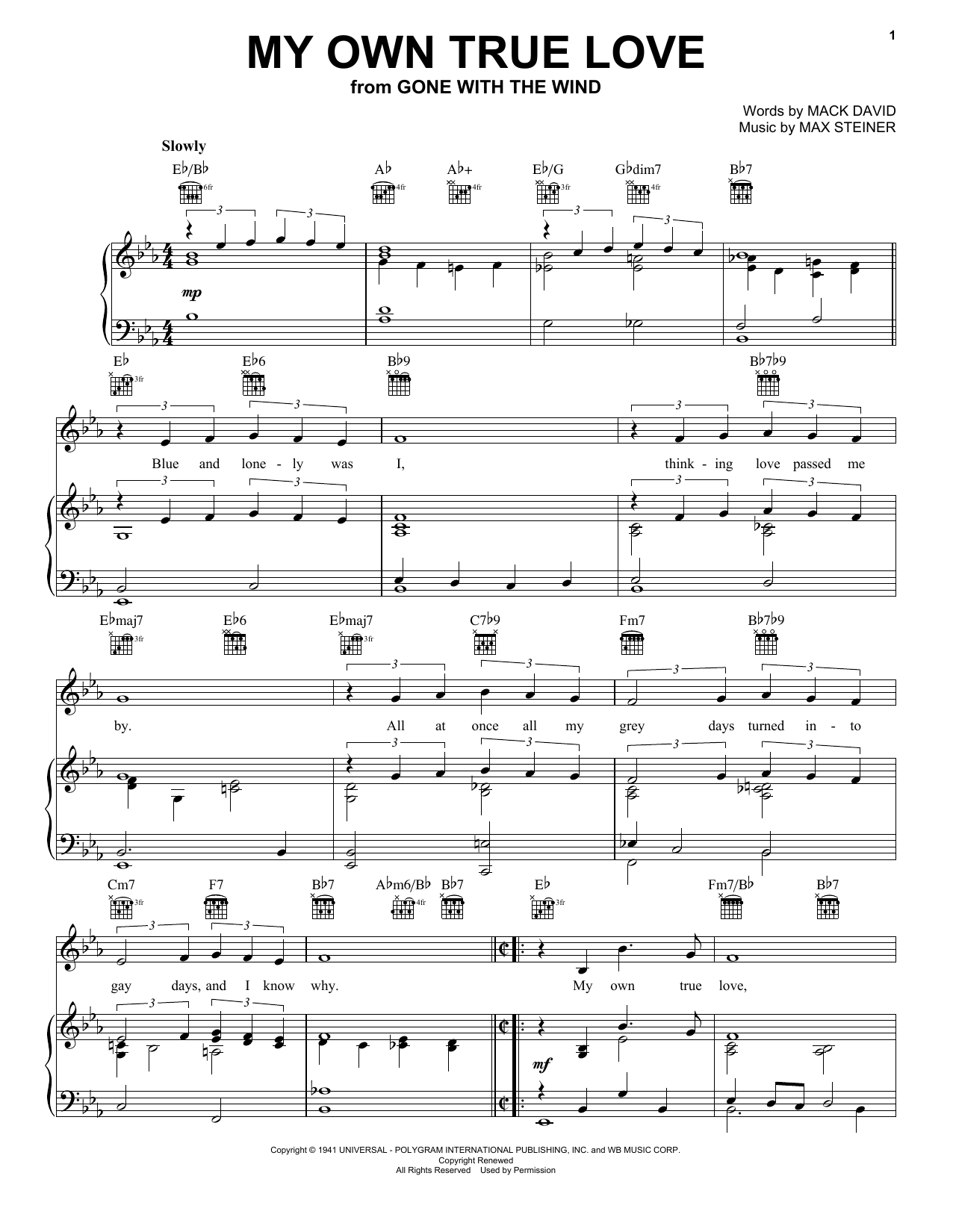 Max Steiner My Own True Love Sheet Music Notes & Chords for Piano, Vocal & Guitar (Right-Hand Melody) - Download or Print PDF