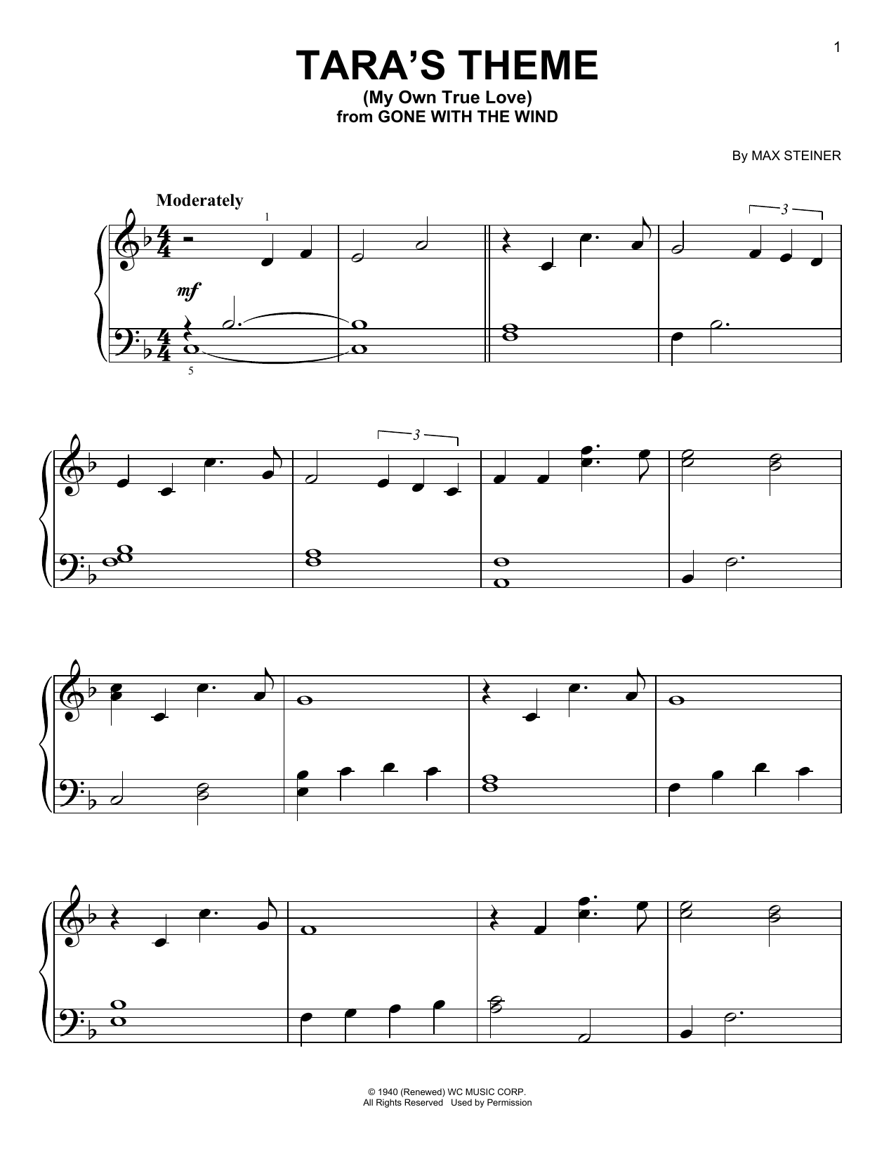 Max Steiner Tara's Theme (My Own True Love) (from Gone With The Wind) Sheet Music Notes & Chords for Very Easy Piano - Download or Print PDF