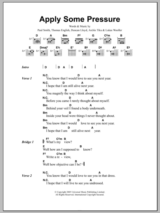 Maximo Park Apply Some Pressure Sheet Music Notes & Chords for Lyrics & Chords - Download or Print PDF