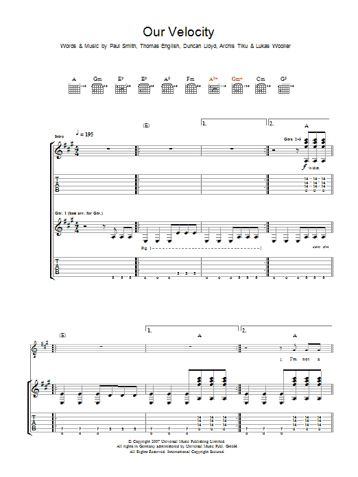 Maximo Park Our Velocity Sheet Music Notes & Chords for Guitar Tab - Download or Print PDF