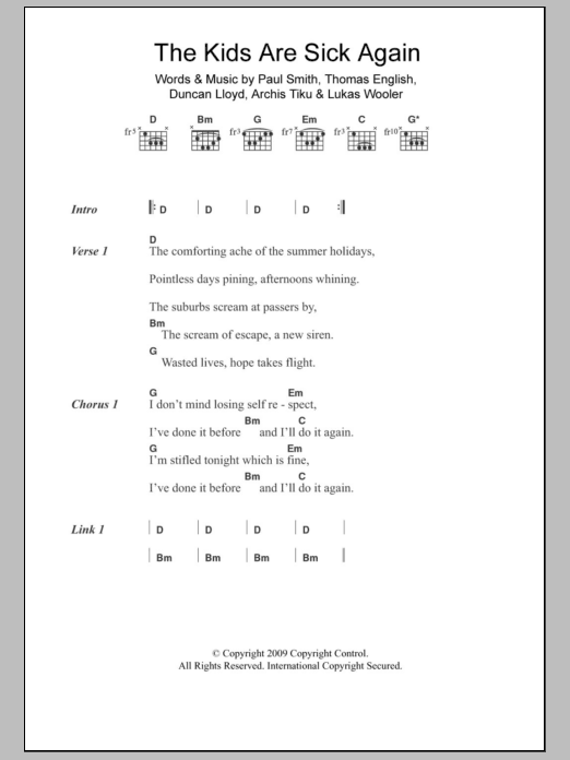 Maximo Park The Kids Are Sick Again Sheet Music Notes & Chords for Lyrics & Chords - Download or Print PDF